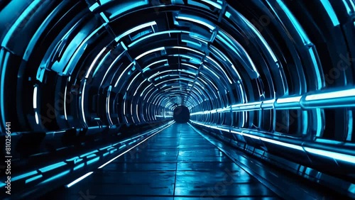 Blue hypertunnel spinning speed space tunnel made of twisted swirling energy magic glowing light lines abstract background photo