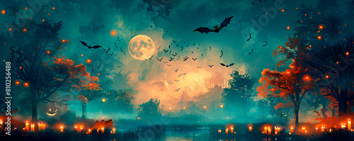 halloween bats, moon and fog on forest background with candles, cartoon