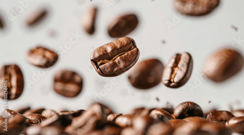 Caffeine, roast and fresh coffee beans with texture for cappuccino, organic and natural harvest. Sustainable, ingredients and brown grain seeds float for espresso production in Brazil by background.
