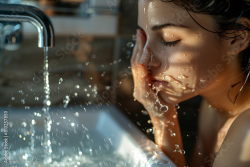 Waking up slowly, the North American woman approaches the sink, where the morning ritual of washing her face helps her leave behind drowsiness and prepare for the day ahead