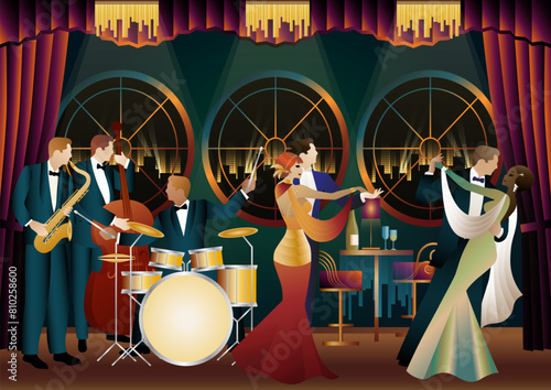 Jazz musicians and dancers. Double bass, saxophone, drum. Musicians play musical instruments
