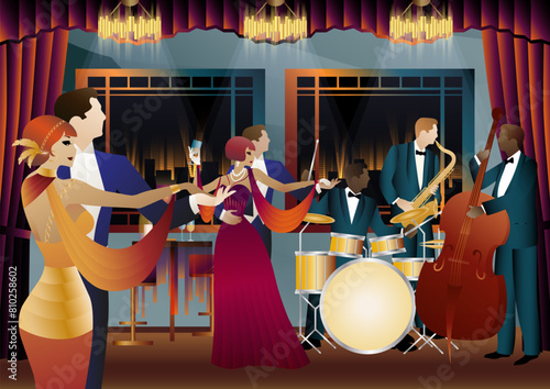 Jazz musicians and dancers. Double bass, saxophone, drum. Musicians play musical instruments