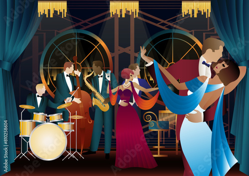 Jazz musicians and dancers. Double bass, saxophone, drum. Musicians play musical instruments