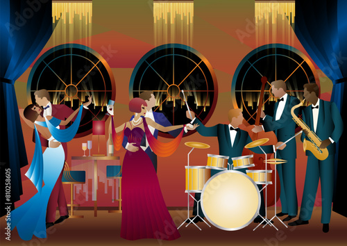 Jazz musicians and dancers. Double bass, saxophone, drum. Musicians play musical instruments