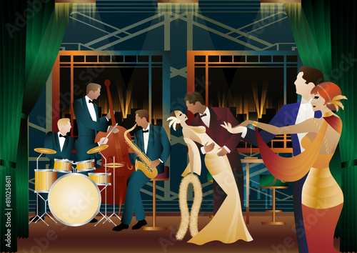 Jazz musicians and dancers. Double bass, saxophone, drum. Musicians play musical instruments