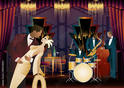 Jazz musicians and dancers. Double bass, saxophone, drum. Musicians play musical instruments