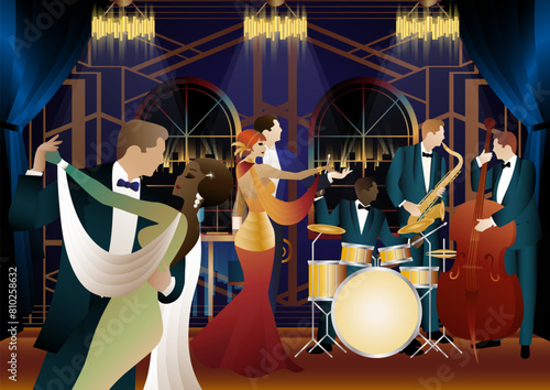 Jazz musicians and dancers. Double bass, saxophone, drum. Musicians play musical instruments