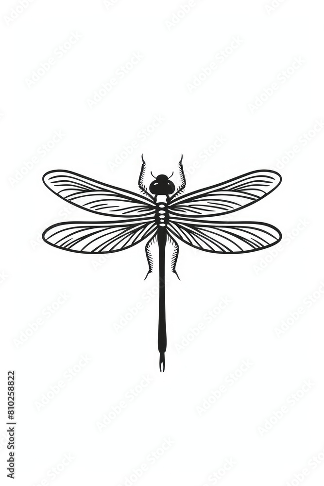 Black dragonfly logo illustration on white background. Emblem, icon for company or sport team branding