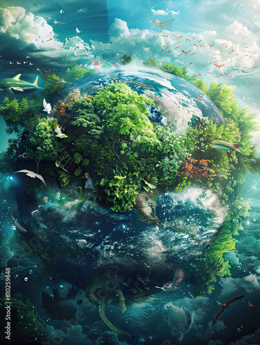 illustration of green planet earth rich in waters  plants and air