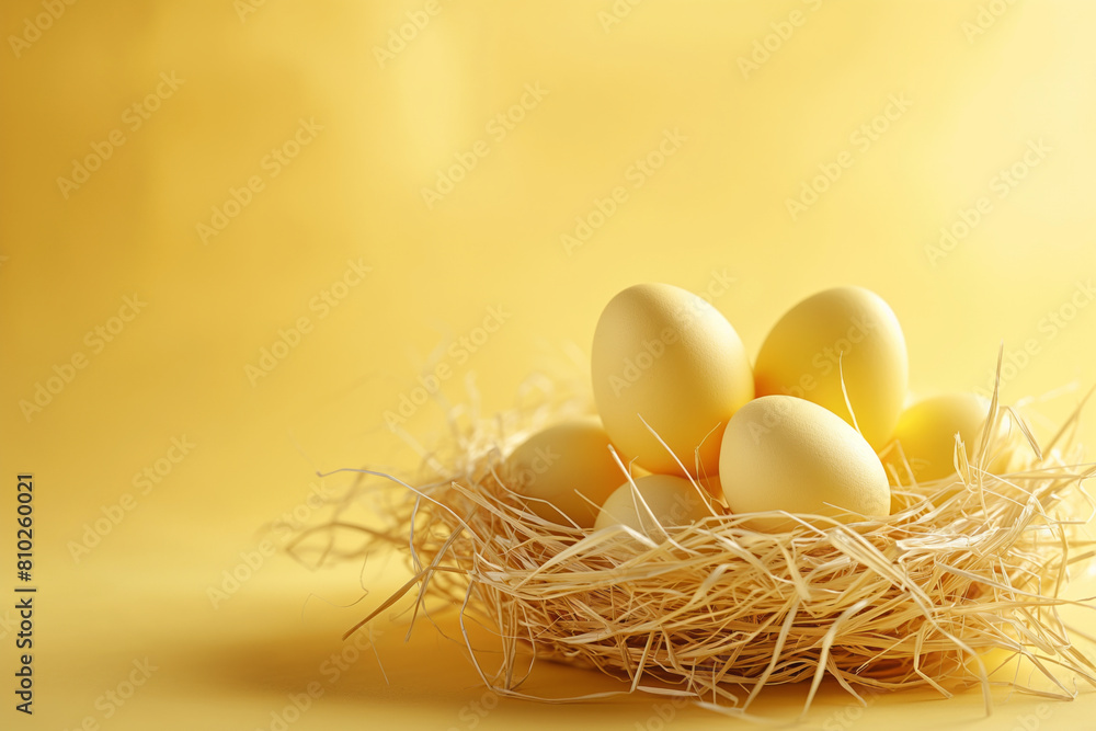Easter eggs in a nest of straw. against a solid Ligh. Generative AI Easter eggs in a nest of straw. against a solid Ligh. Generative AI