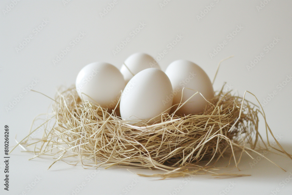 Easter eggs in a nest of straw. against a solid Ligh. Generative AI Easter eggs in a nest of straw. against a solid Ligh. Generative AI