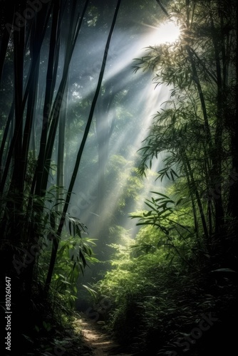 Sunlight streaming through lush forest canopy