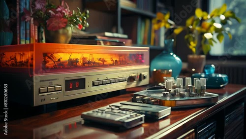 Black old vintage retro vintage hipster vintage video recorder with video cassette standing on a VCR for watching movies, videos from the 80's, 90's photo