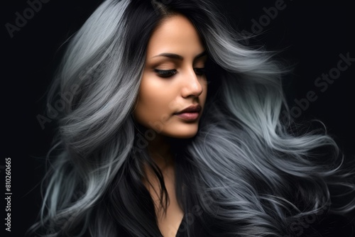 Striking woman with dramatic black and silver hair