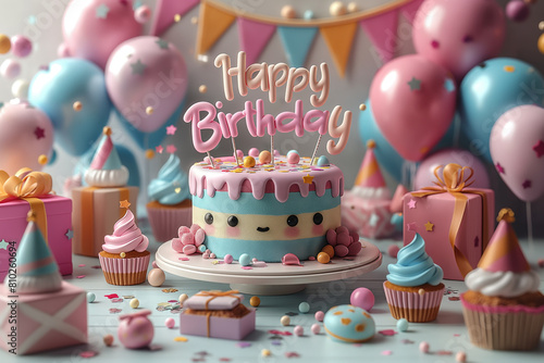 Colors and playful imagery. At the center is the message "Happy Birthday" ibright colors and playful imagery. At the center is the message "Happy Birthday". Generative AI