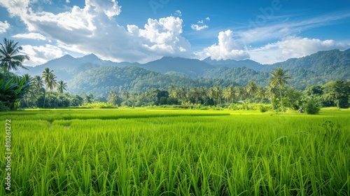 Tropical rural landscape with beautiful rice fields and mountains