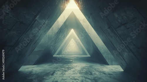 Geometric Galaxy, Pyramids, cylinders, Radial symmetry, Overhead perspective, Soft ambient lighting, Rough and textured surfaces, Deep and cosmic hues, Sparse negative space