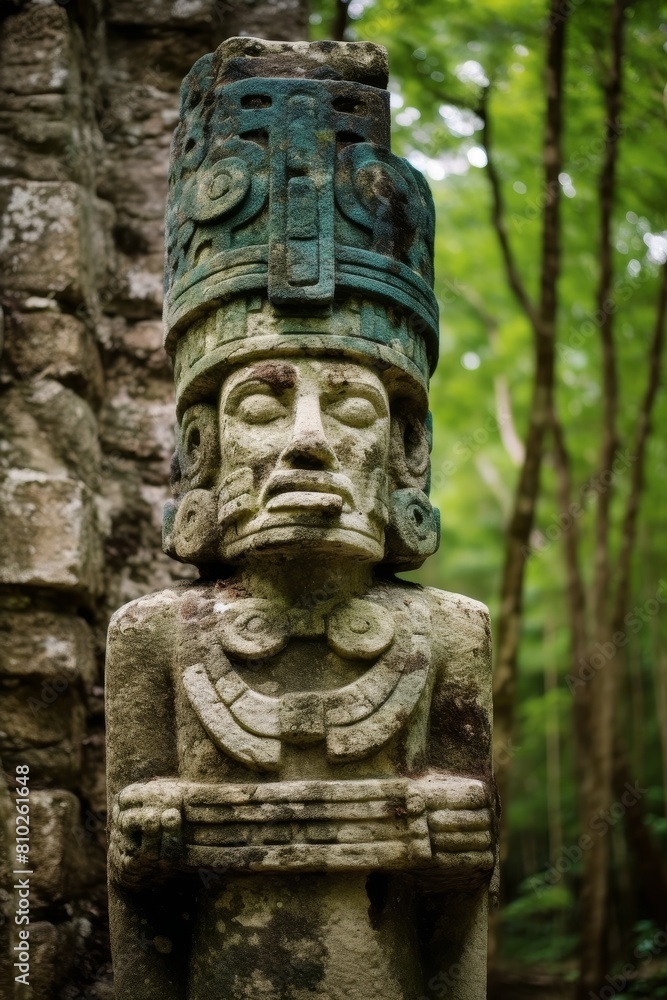 ancient mayan stone carving in jungle