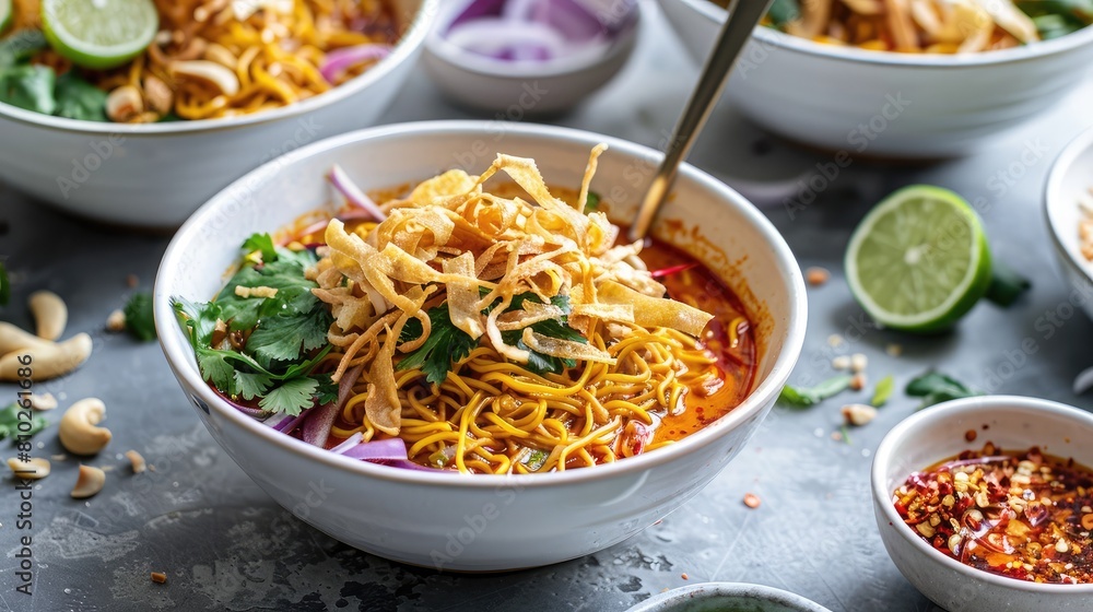 Aromatic bowls of comforting khao soi soup topped with crispy noodles Aromatic bowls of comforting khao soi soup topped with crispy noodles