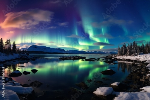 Breathtaking northern lights over snowy landscape © Balaraw