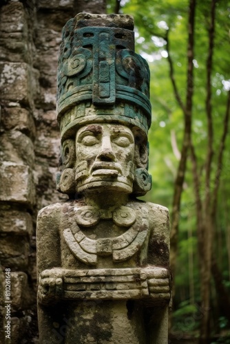 ancient mayan stone carving in jungle