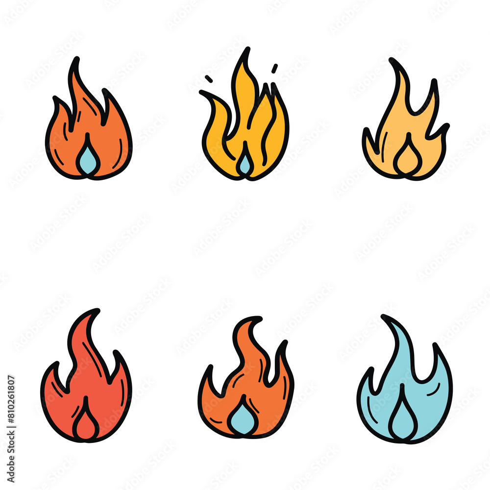 Six cartoon fire flames different shapes colors. Handdrawn style fire set, diverse flame blue orange accents. Cartoon flames collection, colorful web print use Six cartoon fire flames different shapes colors. Handdrawn style fire set, diverse flame blue orange accents. Cartoon flames collection, colorful web print use