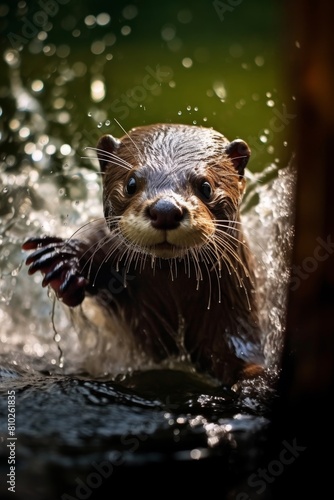 Wet otter in water with splashing © Balaraw
