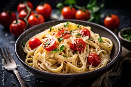 Delicious pasta dish with tomatoes and fresh herbs