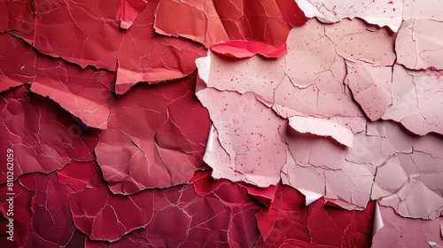 Art collage of pieces of ripped paper with torn edges. Sticky notes collection red burgundy white colors  shreds of notebook pages. Abstract background