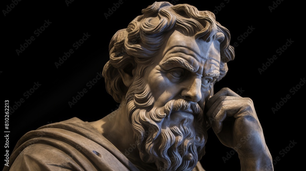 Detailed sculpture of a pensive man with flowing beard and curly hair