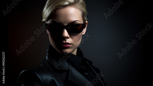 Mysterious woman in dark sunglasses and leather jacket photo