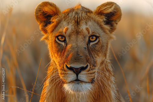 Majestic Gaze: Powerful Lion Locking Eyes with the Camera. Generative AI photo