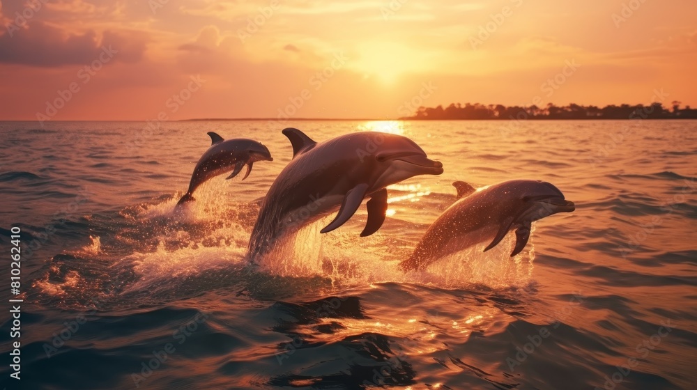 Fototapeta premium dolphins jumping in sunset ocean