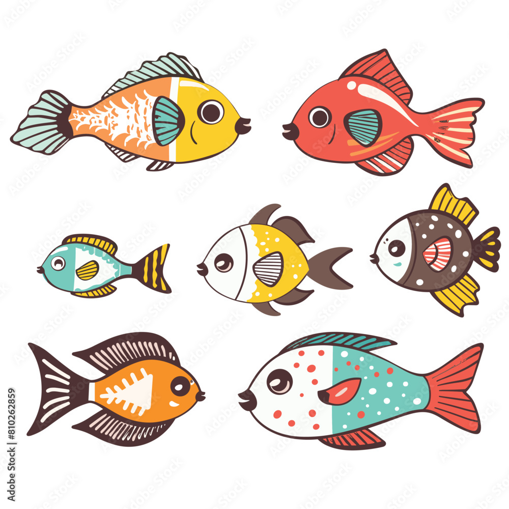 Colorful cartoon fish illustration isolated white background. Set tropical fish various patterns vibrant colors. Graphic design childrens book underwater sea life animals Colorful cartoon fish illustration isolated white background. Set tropical fish various patterns vibrant colors. Graphic design childrens book underwater sea life animals