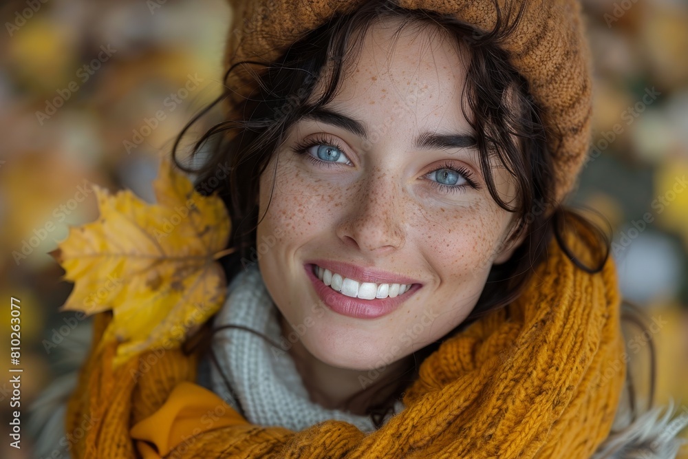 A smiling woman with brown hair and hat, holding autumn leaves, exuding warmth and joy A smiling woman with brown hair and hat, holding autumn leaves, exuding warmth and joy