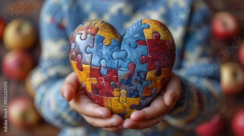 On World Autism Awareness Day, children are seen completing a heart puzzle or jigsaw pattern. photo