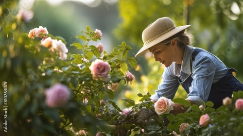 Person gardening in a rose garden