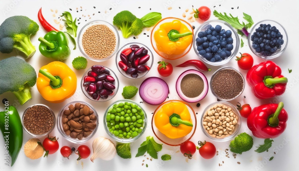 Vibrant array of fresh vegetables, fruits, nuts, and grains on a clean white background, symbolizing health and nutritional diversity. Vibrant array of fresh vegetables, fruits, nuts, and grains on a clean white background, symbolizing health and nutritional diversity.