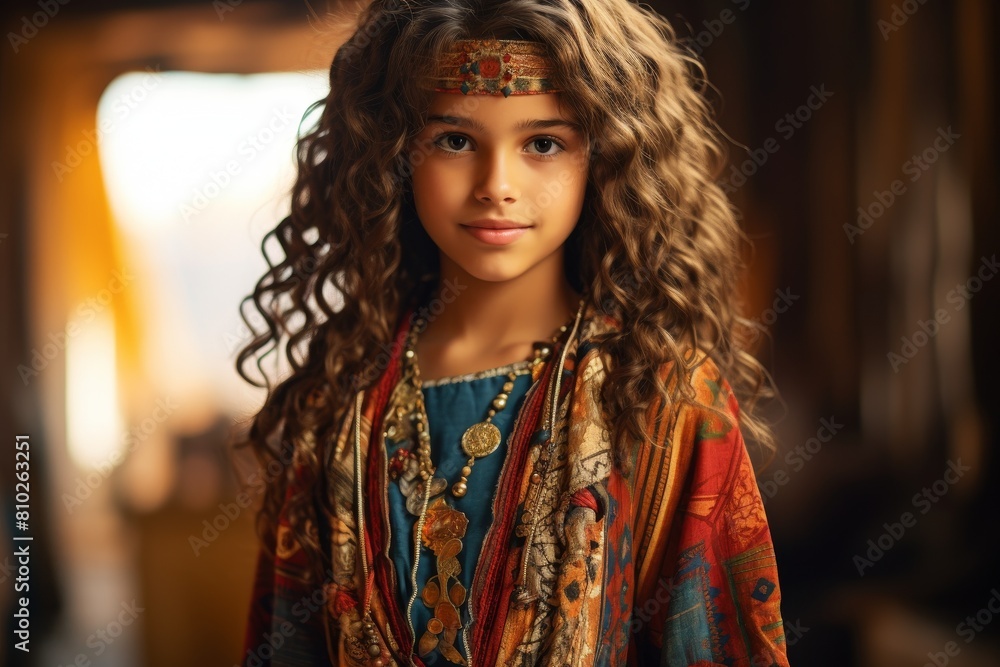 young girl with curly hair and ethnic jewelry