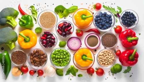 Vibrant array of fresh vegetables, fruits, nuts, and grains on a clean white background, symbolizing health and nutritional diversity.