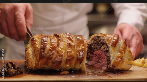 chef preparing a gourmet beef Wellington with flaky pastry and mushroom duxelles photo