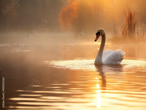 swan swimming in golden lake at sunset