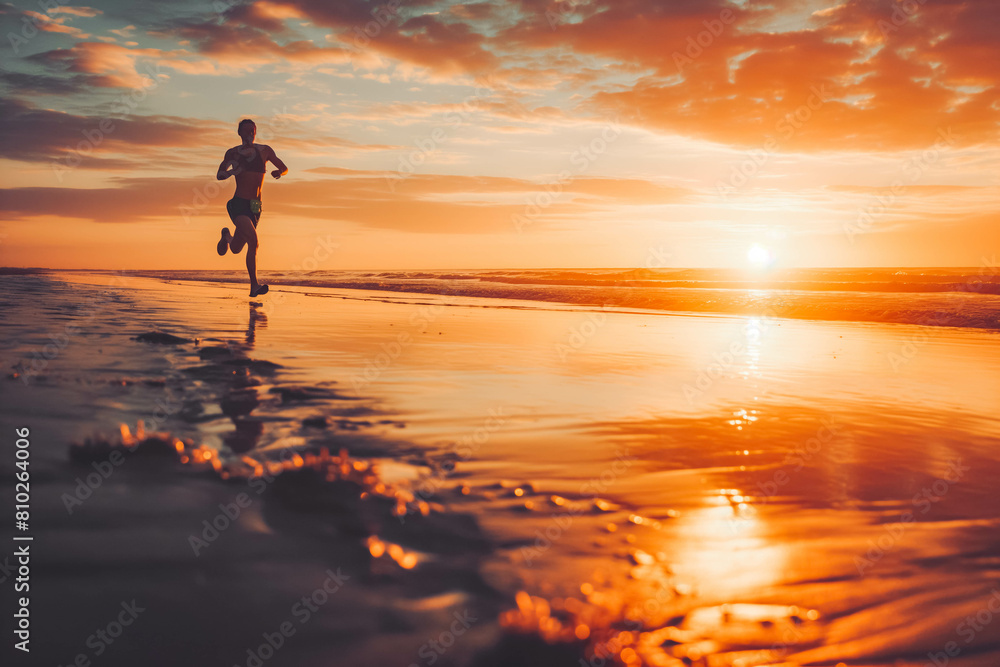 A determined athlete running along a beach at sunset. A determined athlete running along a beach at sunset.