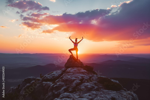 A determined athlete practicing yoga on a mountaintop at sunrise.
