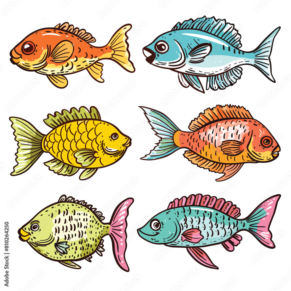 Naklejka premium Handdrawn colorful tropical fish illustrations, variety species hues. Vibrant cartoon fish art, detailed scale pattern work, bright eyecatching colors. Six stylized aquatic animals, marine life