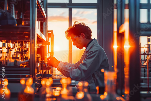 A focused engineer testing prototypes in a laboratory at sunset. photo