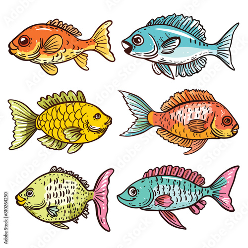 Handdrawn colorful tropical fish illustrations, variety species hues. Vibrant cartoon fish art, detailed scale pattern work, bright eyecatching colors. Six stylized aquatic animals, marine life