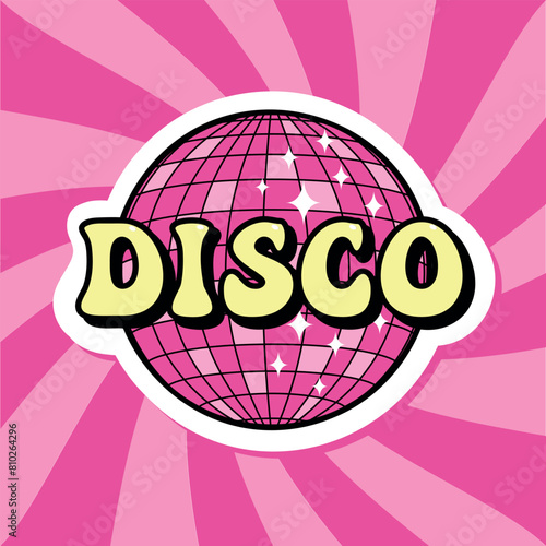 disco groovy lettering sticker, retro print with yellow text and pink disco ball for tee graphic, party t-shirt vector design
