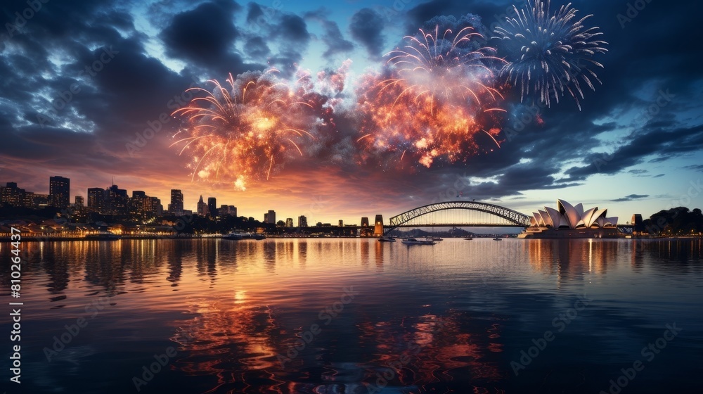 Spectacular fireworks display over a city skyline