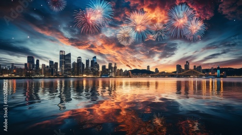 Stunning fireworks display over a modern city skyline at night